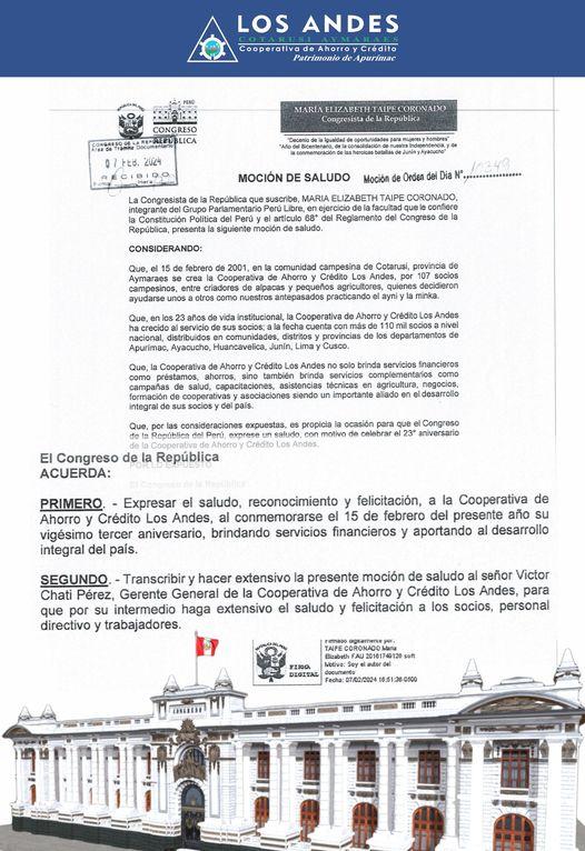 ES UN HONOR PARA LOS DELEGADOS Y SOCIOS, RECIBIR EL CÁLIDO RECONOCIMIENTO DEL CONGRESO DE LA REPÚBLICA DEL PERÚ