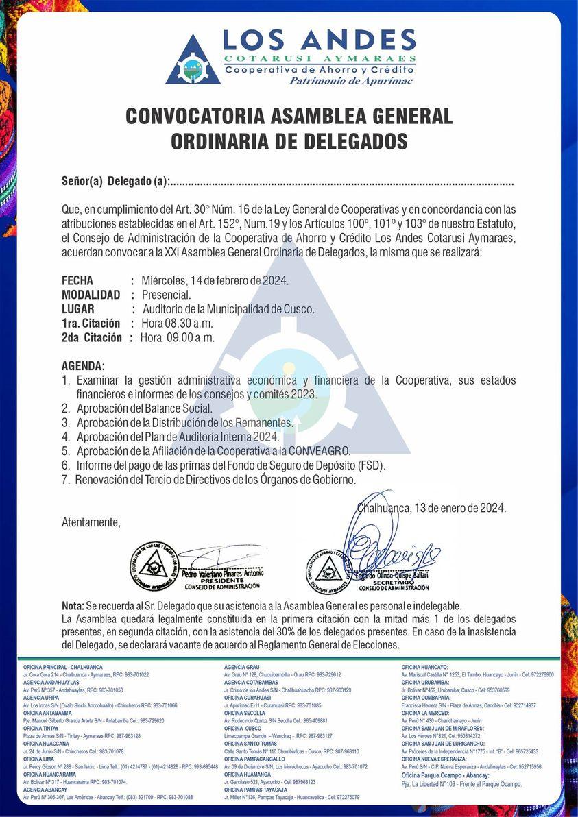 𝗖𝗢𝗡𝗩𝗢𝗖𝗔𝗧𝗢𝗥𝗜𝗔 𝗔𝗦𝗔𝗠𝗕𝗟𝗘𝗔 GENERAL ORDINARIA DE DELEGADOS 2024.