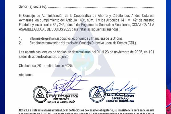 CONVOCATORIA PARA LA ASAMBLEA LOCAL DE SOCIOS 2025
