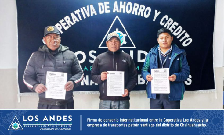 OF. Chalhuahuacho. Se realizó la firma de convenio de cooperación interinstitucional entre la empresa de transportes patrón santiago y la Cooperativa Los Andes de la provincia de Cotabambas.
