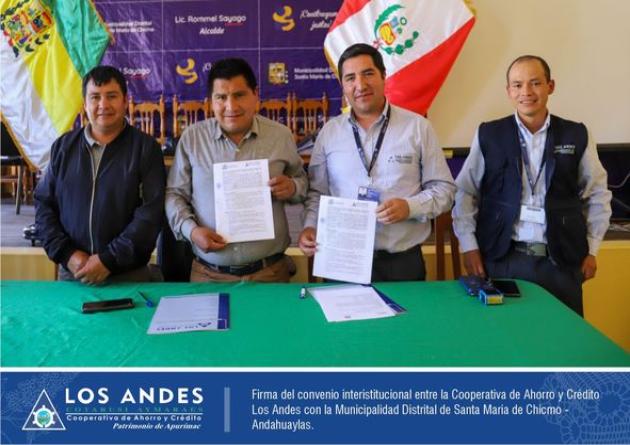 La Cooperativa de Ahorro y Crédito Los Andes realizó la firma de convenio con la Municipalidad Distrital de Santa María de Chicmo – Andahuaylas.
