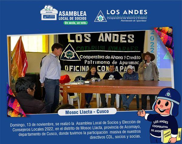 ASAMBLEA LOCAL DE SOCIOS, DOMINGO, 13 DE NOVIEMBRE, DISTRITO DE MOSOC LLACTA, PROVINCIA DE ACOMAYO – CUSCO