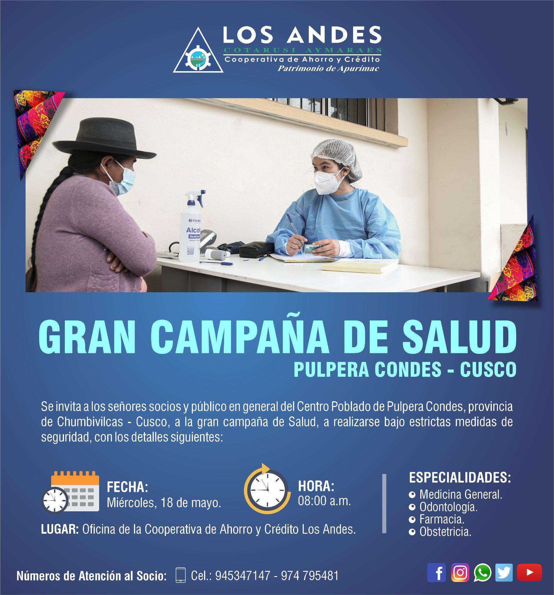 Gran Campaña de Salud en el Centro Poblado de Pulpera Condes, provincia de Chumbivilcas – Cusco.