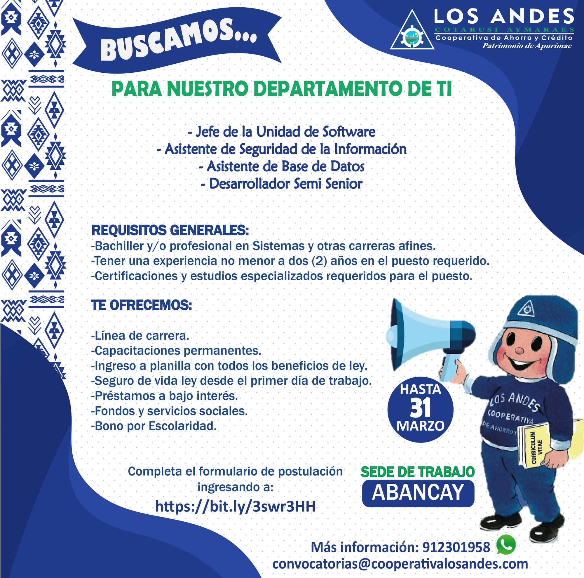 Convocatoria Departamento TI, Tiempo Completo – Abancay