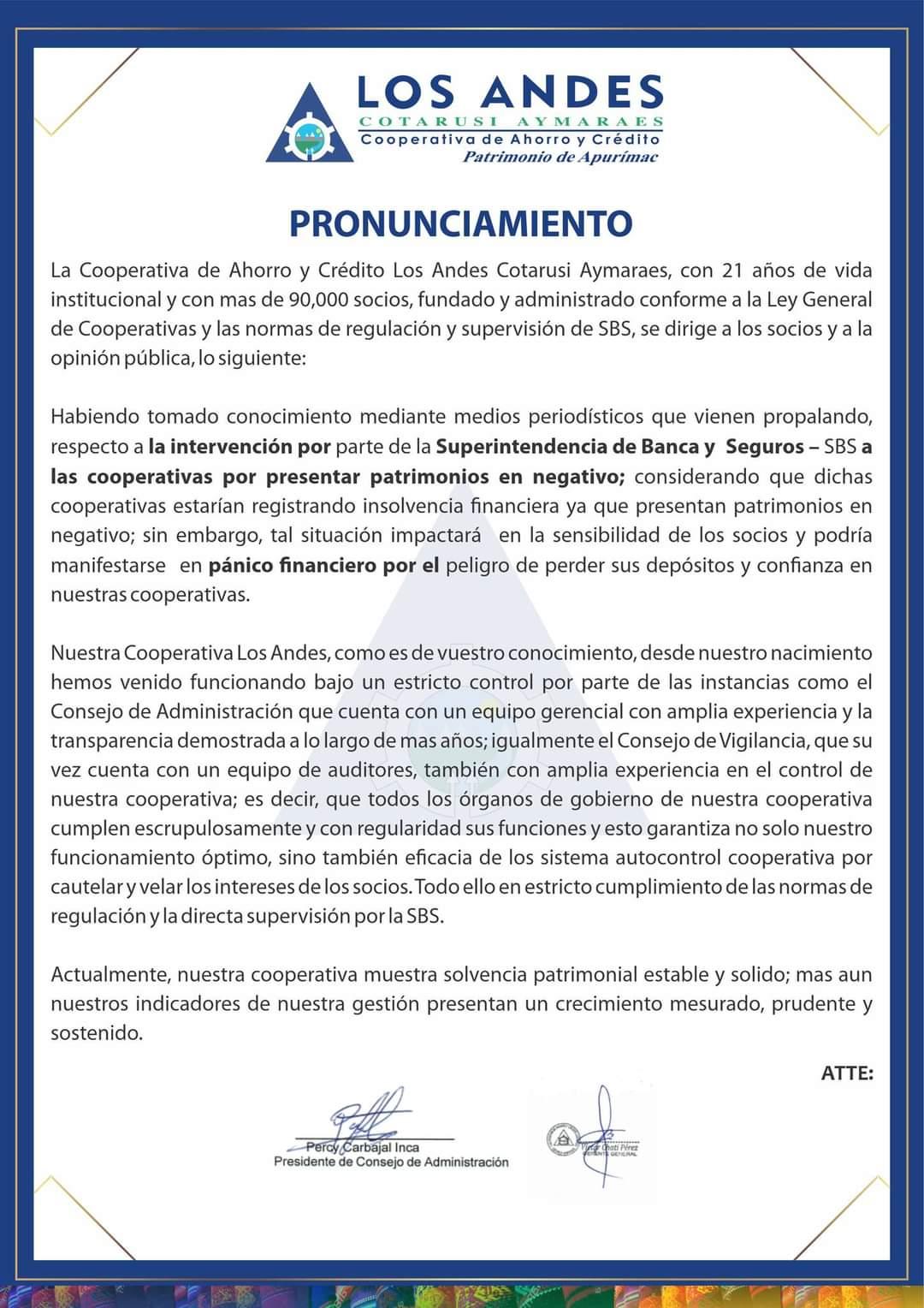 PRONUNCIAMIENTO A LA OPINIÓN PÚBLICA